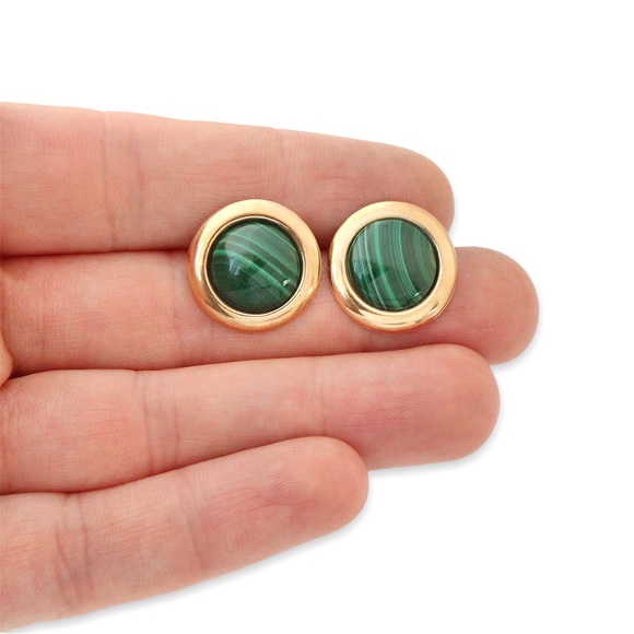 Vintage 10K Gold Malachite Stud Earrings Large Round Cabochon Studs Estate - Picture 2 of 6